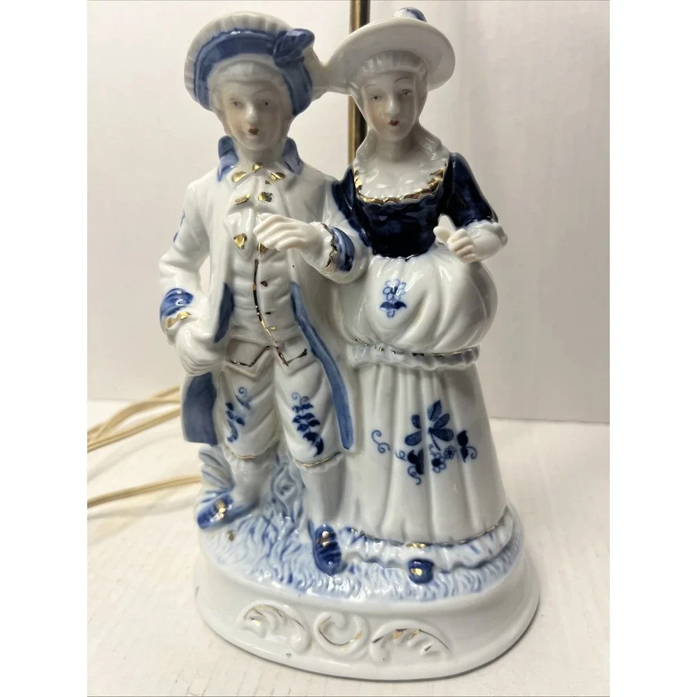 Vintage Porcelain Lamp Man & Woman Couple Blue/White